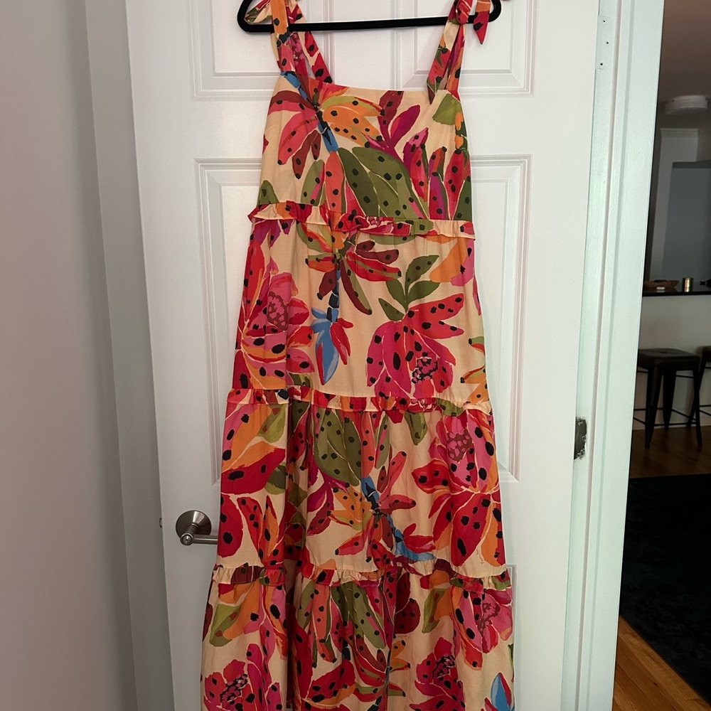 NWT FARM Rio Floral Tiered Maxi Dress in Beige with Pink, Red, Green & Blue